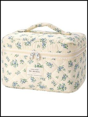 Large Quilted Cotton Makeup Bag Travel Cosmetic Bag with Handle